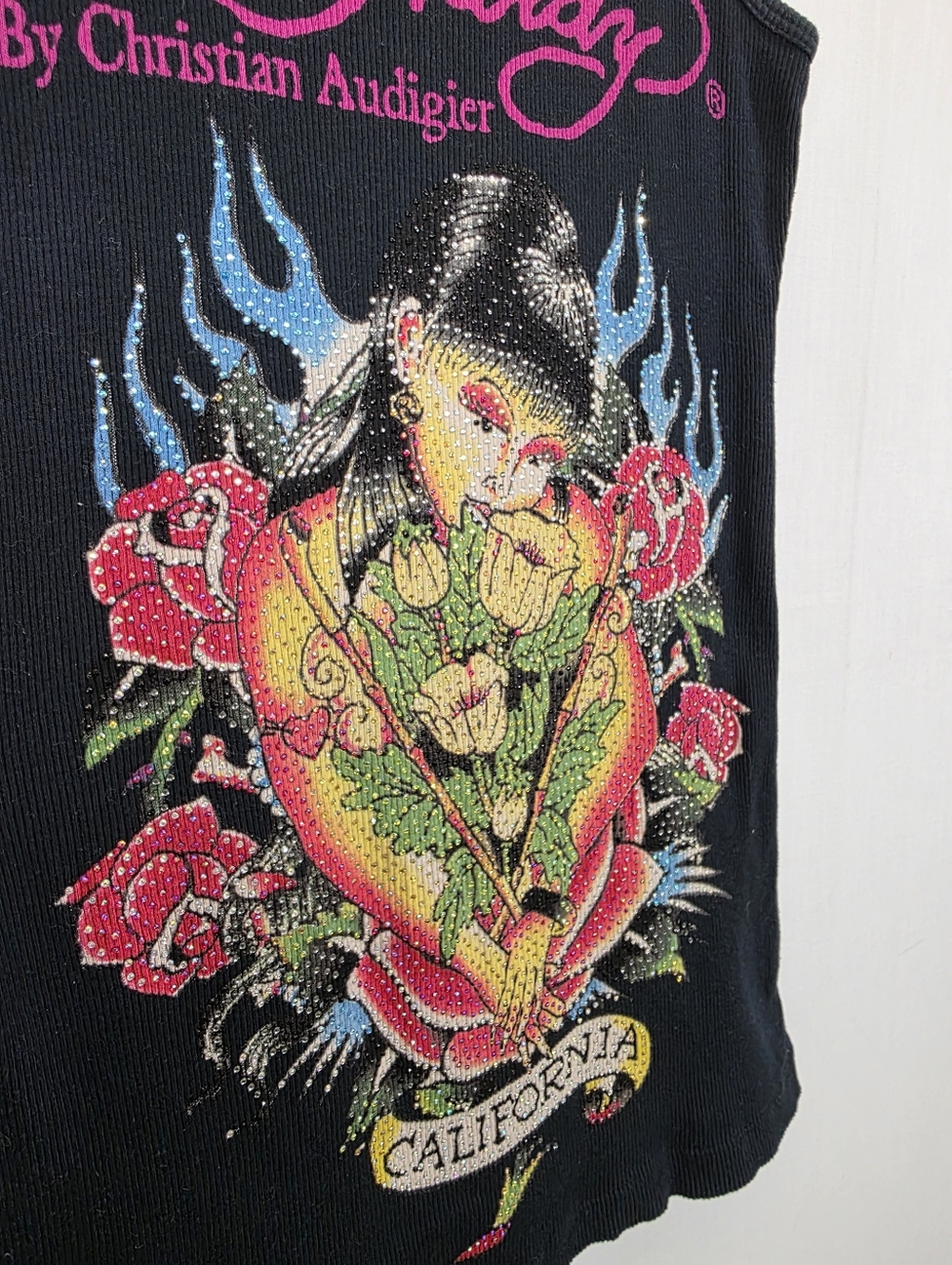 VTG Ed Hardy Christian Audigier Ribbed Tank Top Black Tattoo Graphic S - Picture 3 of 8